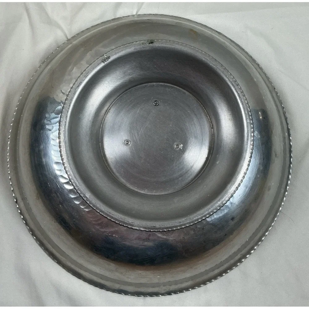 Hammered Aluminum Pedestal Serving Bowl Embossed Floral Scalloped Rim VTG